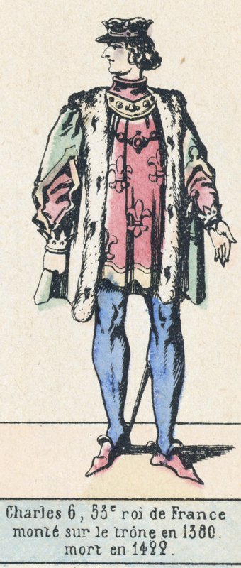 6. Károly, Franciaország 53. királya, 1380-ban lépett trónra, 1422-ben halt meg (színes metszet) alkotó: French School