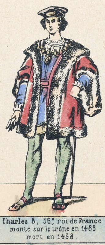 8. Károly, Franciaország 56. királya, 1483-ban lépett trónra, 1498-ban halt meg (színes metszet) alkotó: French School
