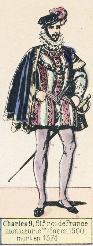9. Károly, Franciaország 61. királya, 1560-ban lépett trónra, 1574-ben halt meg (színes metszet) alkotó: French School
