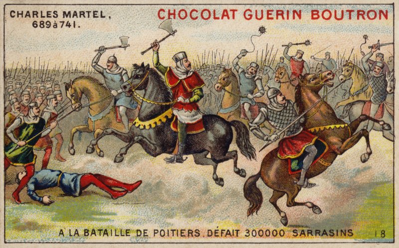 Charles Martel legyőzte a 300 000 fős szaracén hadsereget a poitiers-i csatában, 732 (chromolitho) alkotó: French School
