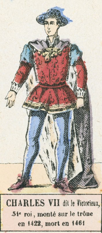 VII. Károly győztesnek nevezett, 54. király, 1422-ben lépett trónra, 1461-ben halt meg (színes metszet) alkotó: French School