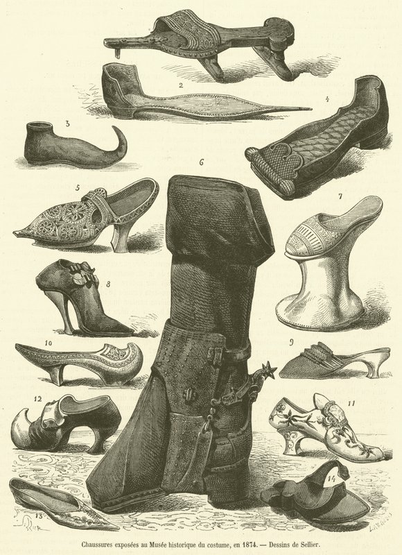 A Történelmi Jelmezmúzeumban kiállított cipők 1874-ben (metszet) alkotó: French School