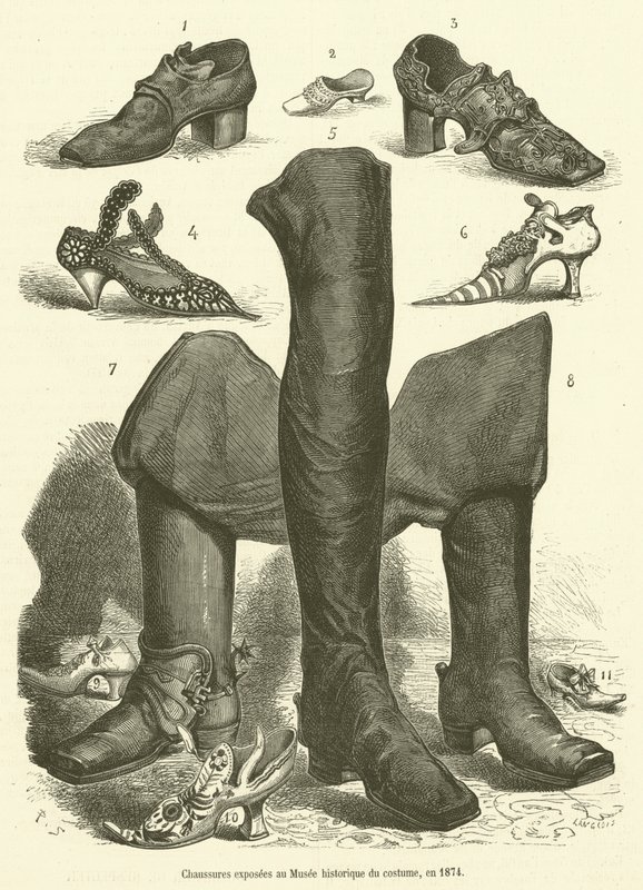 A Történelmi Jelmezmúzeumban kiállított cipők 1874-ben (metszet) alkotó: French School