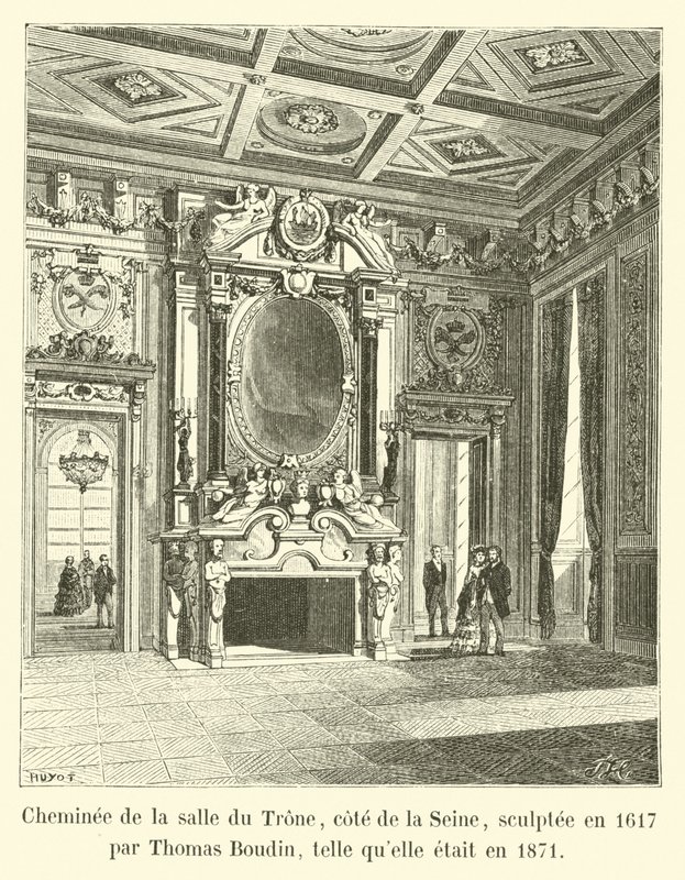 Kandalló a trónteremben, a Szajna oldalán, 1617-ben Thomas Boudin faragta, ahogy 1871-ben alkotó: French School