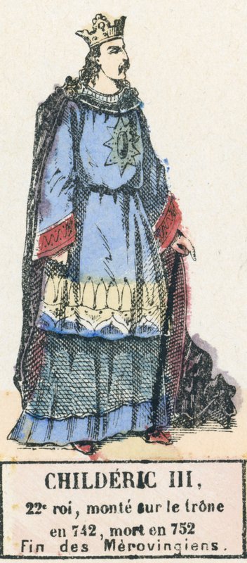III. Childeric 22. király, 742-ben lépett trónra, 752-ben halt meg, A Merovingok vége (színes metszet) alkotó: French School