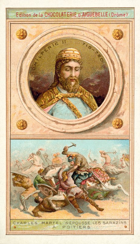 Chilperic II és Charles Martel legyőzte a mórokat Poitiers-nél, 732 (chromolitho) alkotó: French School