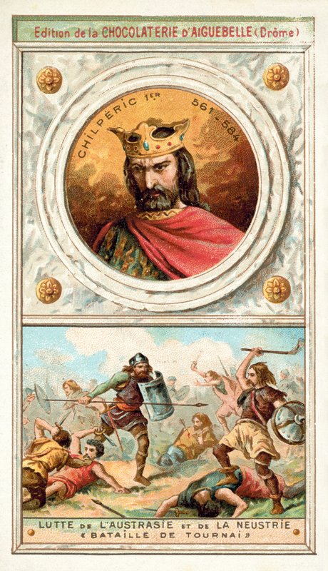 I. Chilperic és a harc Austrasia és Neustria között a tornai csatában, 6. század (chromolitho) alkotó: French School