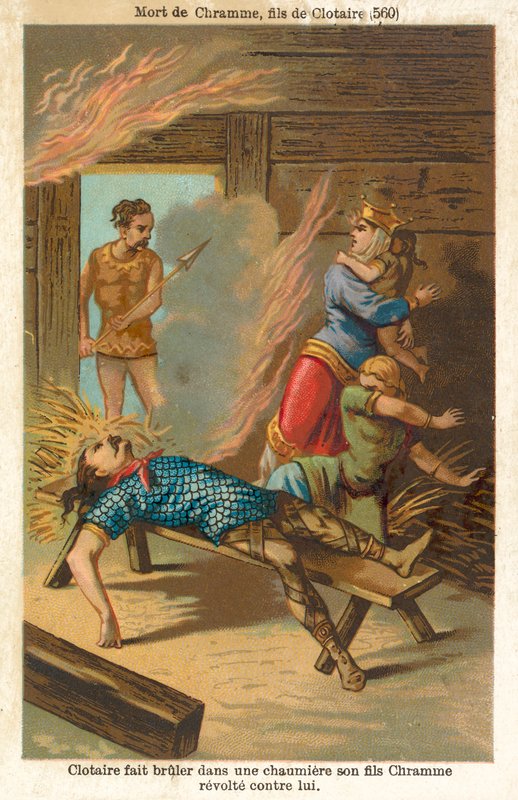 I. Chlothar, a frankok királya halálra égette lázadó fiát, Chramot és családját, 560 (chromolitho) alkotó: French School