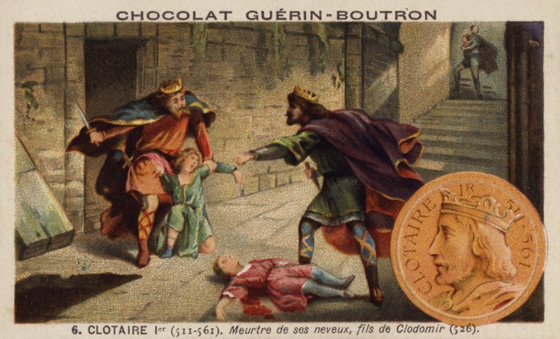 I. Chlothar és unokaöccseinek, Clodomir király fiainak meggyilkolása, 526 (chromolitho) alkotó: French School