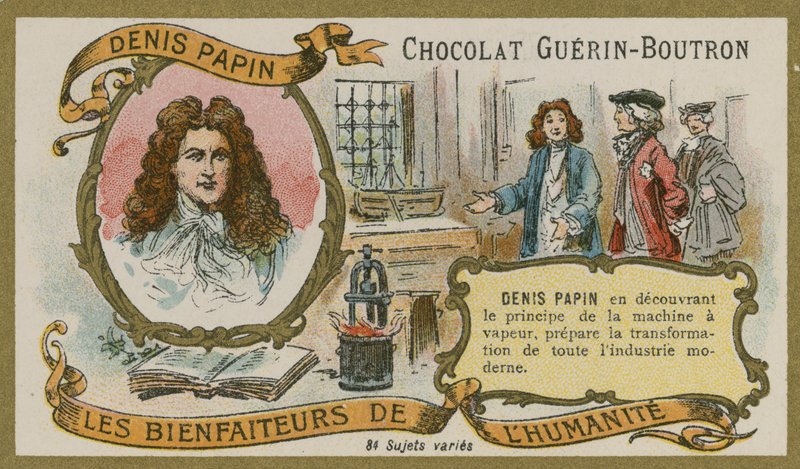 Csokoládé Guerin-Boutron kereskedelmi kártya, Denis Papin alkotó: French School