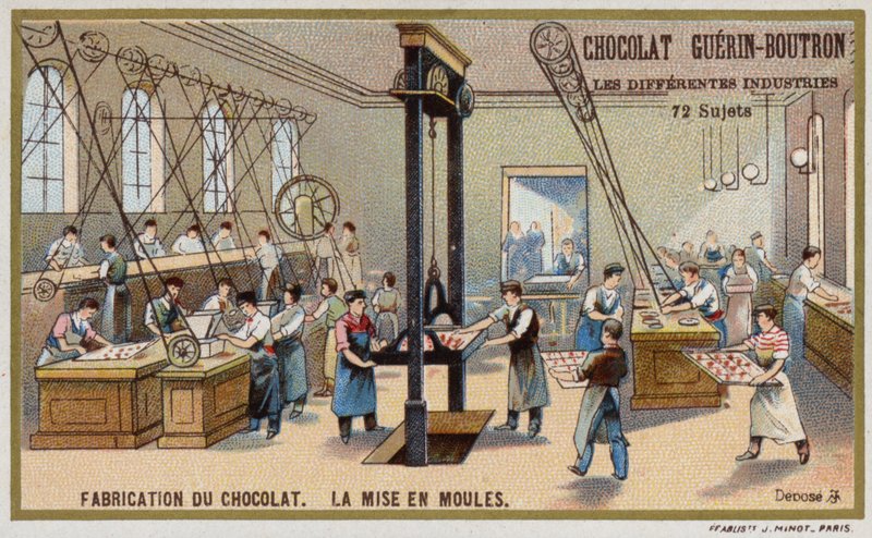 Csokoládé gyártás. Csokoládé formákba helyezése (chromolitho) alkotó: French School