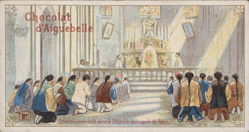 A pekingi püspöki kápolnában imádkozó keresztények (chromolitho) alkotó: French School