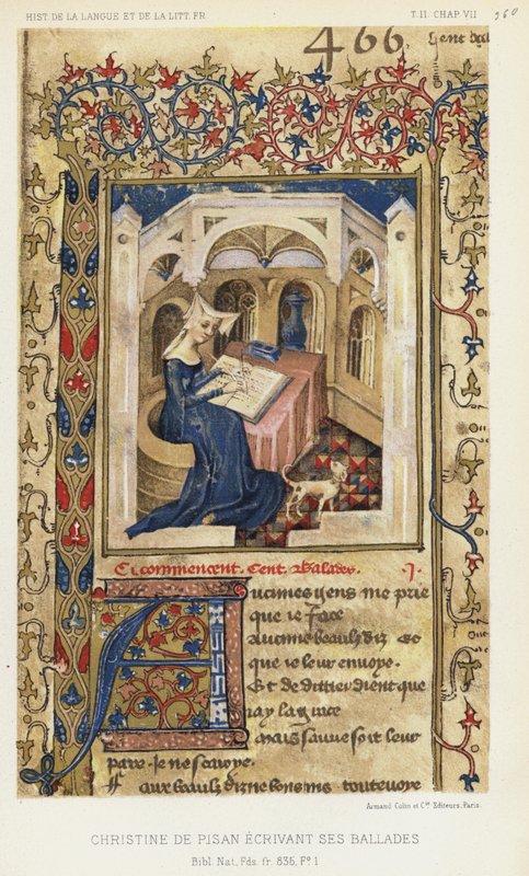 Christine De Pisan írja balladáit (színes litográfia) alkotó: French School