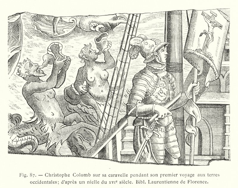 Kolumbusz Kristóf karavelláján, első nyugati vidéki útja során; századi niello után, Bibl Laurentienne de Florence (metszet) alkotó: French School