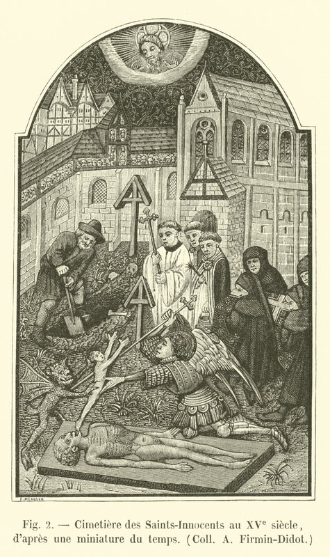 Szentek-ártatlanok temetője a 15. században, egy akkori miniatűrből, Coll A Firmin-Didot alkotó: French School