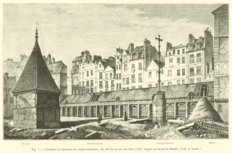 Az ártatlan szentek temetője és tömegsírjai a rue aux Fers oldalán, 1780, Bernier Coll A Lenoir rajza alapján alkotó: French School