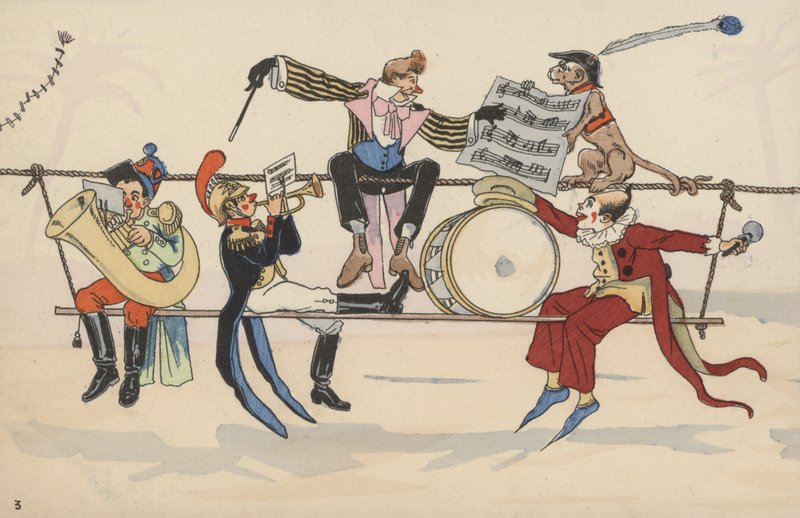 Cirkuszi jelenet, egymásba kapcsolódó képeslapkészletből (színes litó) alkotó: French School