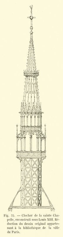 A Sainte Chapelle harangtornya, XIII. Lajos idején átépítették, Párizs város könyvtárának eredeti rajzának kicsinyítése alkotó: French School