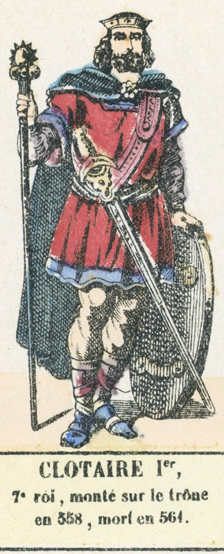 I. Clotaire, 7. király, 558-ban lépett trónra, 561-ben halt meg (színes metszet) alkotó: French School