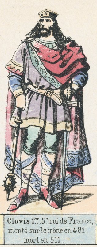 1. Clovis, Franciaország 5. királya, 481-ben lépett trónra, 511-ben halt meg (színes metszet) alkotó: French School