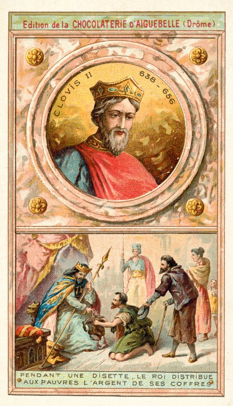 II. Clovis pénzt adott a kasszájából a szegényeknek egy nehéz időszakban, 7. század (chromolitho) alkotó: French School