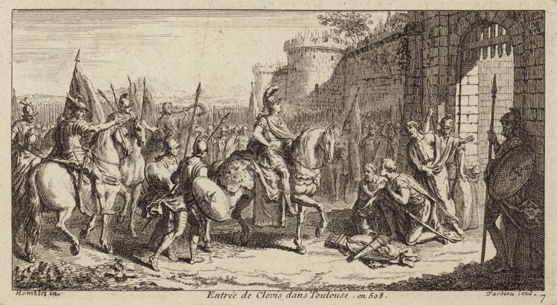 I. Clovis, a frankok királya, belép Toulouse-ba, miután legyőzte a vizigótokat, 508 alkotó: French School