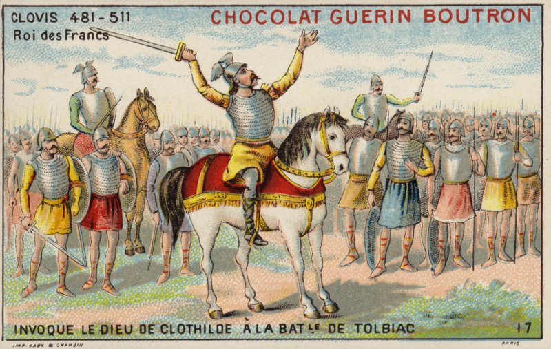 I. Clovis megidézi Clotilde istenét a tolbiaci csatában, 496 (chromolitho) alkotó: French School