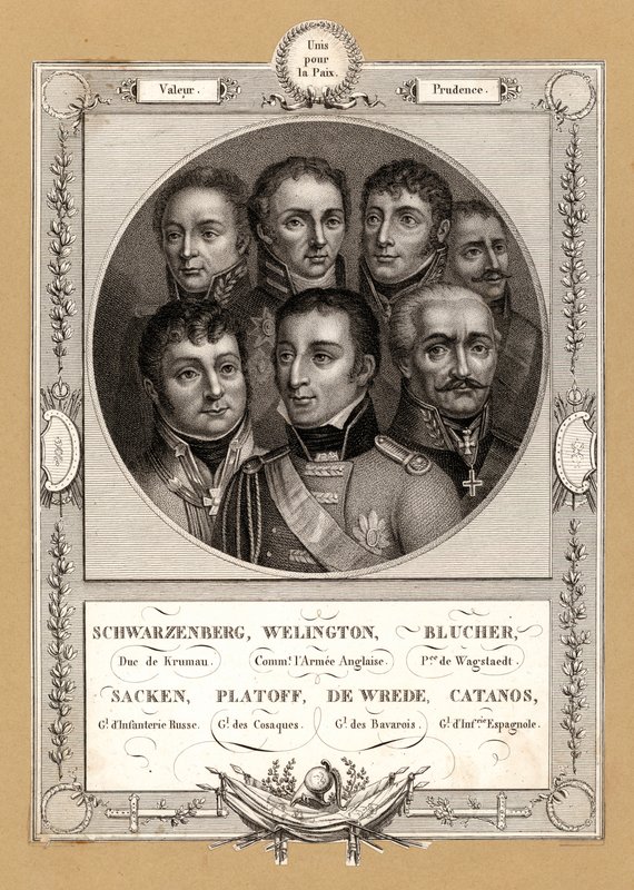 A napóleoni háborúk koalíciós katonai parancsnokai: Fabian Gottlieb von der Osten-Sacken, orosz gyalogsági tábornok; Matvej Platov, a doni kozákok parancsnoka orosz tábornok; Karl Philipp von Wrede bajor tábornok; Francisco Javier Castanos, Sp alkotó: French School