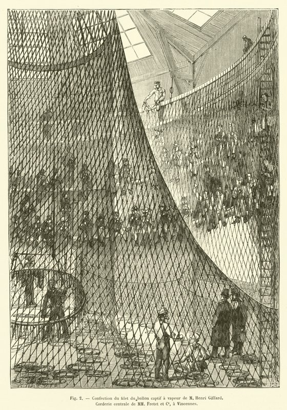 M. Henri Giffard, az MM Fretet et Ce Corderie centrale-jének hálójának elkészítése Vincennesben (metszet) alkotó: French School