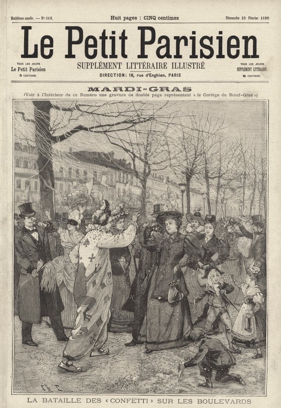 Konfetticsata a párizsi körúton Mardi Gras-kor (metszet) alkotó: French School