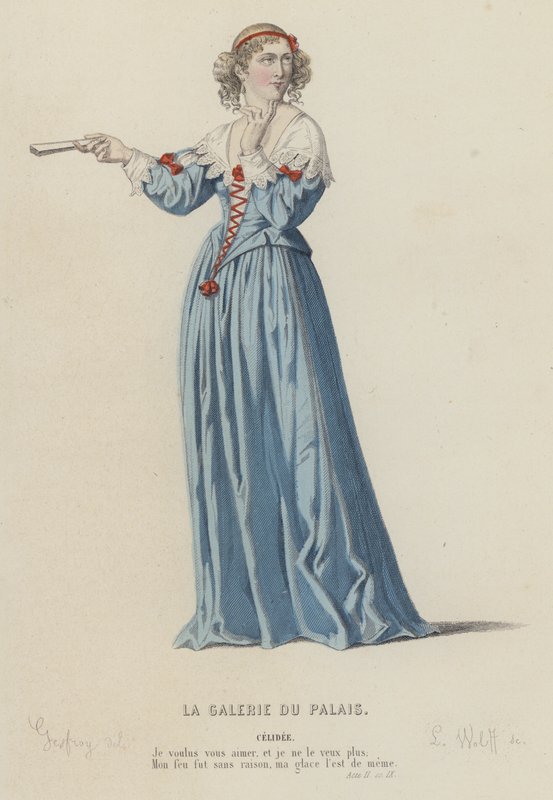 Corneille, La Galerie Du Palais, II. felvonás, Sc IX (színes metszet) alkotó: French School