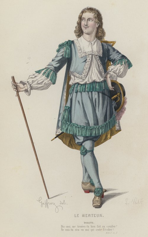Corneille, Le Menteur, I. felvonás, Sc I (színes metszet) alkotó: French School