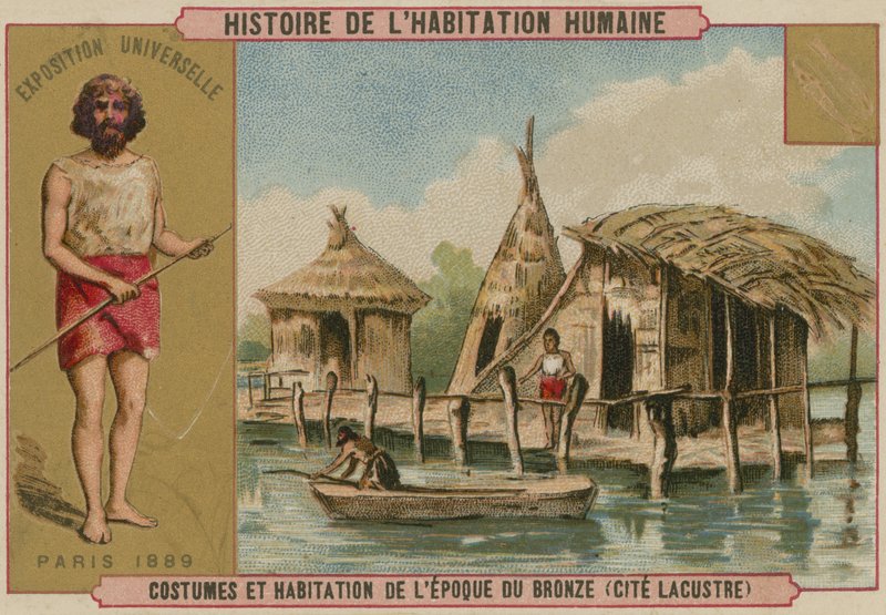 Bronzkori viselet- és tólakások (chromolitho) alkotó: French School