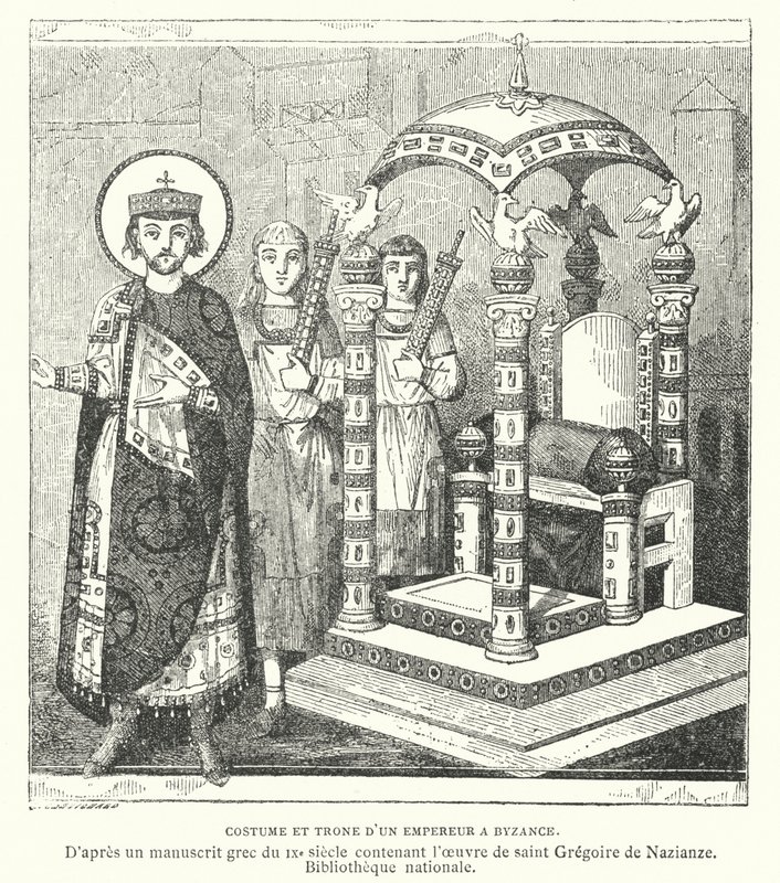Egy bizánci császár jelmeze és trónja, 9. század (metszet) alkotó: French School