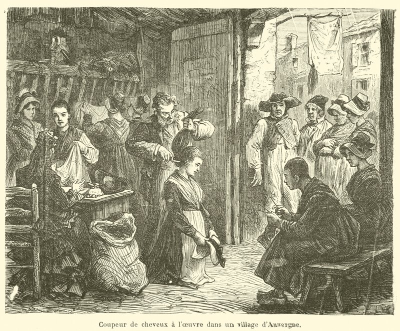 Fodrász dolgozik egy auvergne-i faluban (metszet) alkotó: French School
