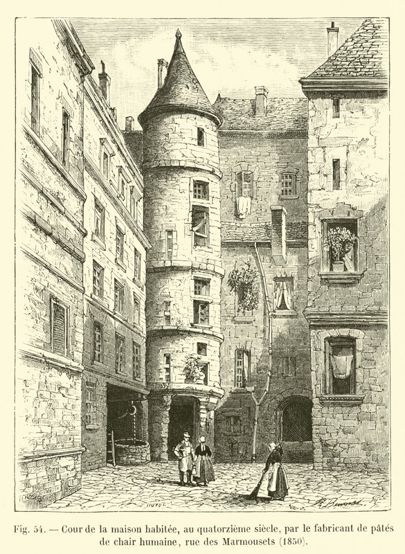 A tizennegyedik században az emberi hústésztagyártó által lakott ház udvara, rue des Marmousets, 1850 alkotó: French School