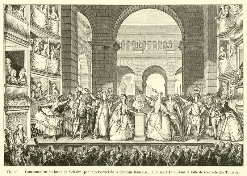 Voltaire mellszobrának megkoronázása a Comedie francaise munkatársai által 1778. március 30-án, a Tuileries előadótermében alkotó: French School