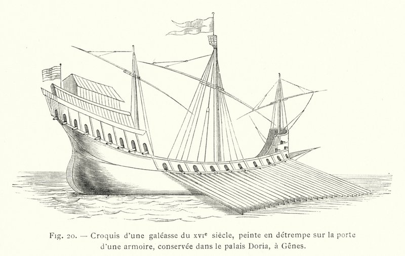 századi gálya vázlata, temperafestmény egy szekrény ajtaján, a Doria palotában őrzve, Genovában (metszet) alkotó: French School