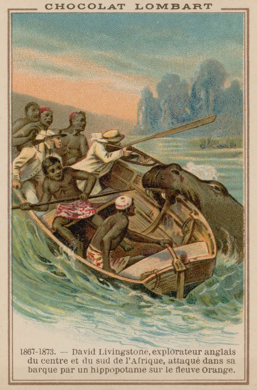 David Livingstones hajót víziló támadta meg az Orange Riveren, Afrika, 1867-1873 alkotó: French School