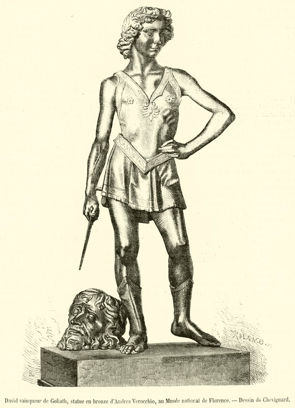 Dávid meghódítja Góliátot, Andrea Verocchio bronzszobra a Firenzei Nemzeti Múzeumban (metszet) alkotó: French School