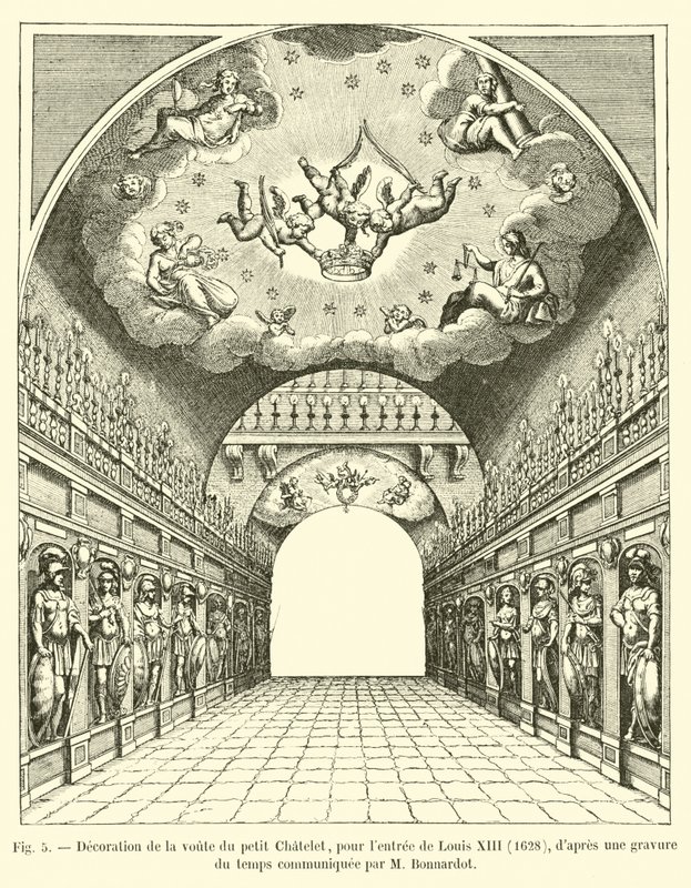 A Petit Chatelet boltozatának díszítése XIII. Lajos bejáratához, 1628, M. Bonnardot által közölt korabeli metszet után alkotó: French School
