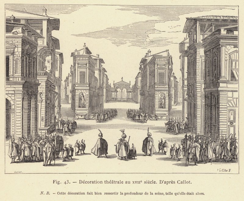 Színházi dekoráció a 17. században (metszet) alkotó: French School