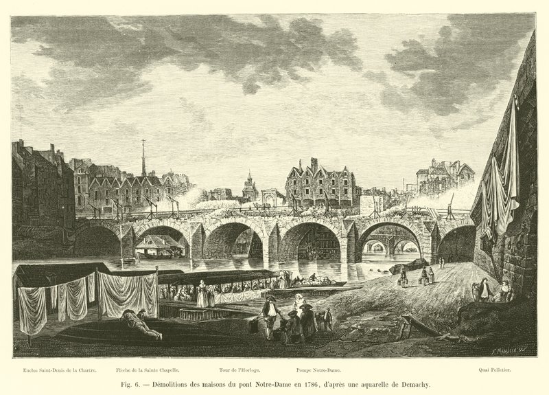 A Notre-Dame híd házainak lebontása 1786-ban, Demachy akvarellje után alkotó: French School