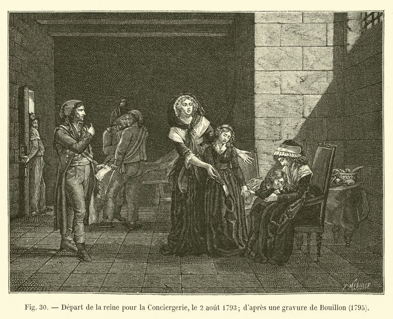 A királynő távozása a Conciergerie-be, 1793. augusztus 2.; Bouillon metszete után, 1795 alkotó: French School