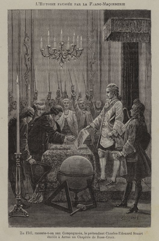 A történelem eltorzítása a szabadkőművesek által: a rózsakeresztesek káptalanjának állítólagos felállítása Charles Edward Stuart színlelője által Arrasban 1747-ben (metszet) alkotó: French School