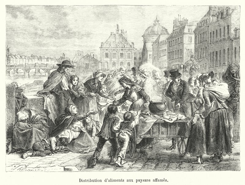 Élelmiszerosztás éhező parasztoknak (metszet) alkotó: French School