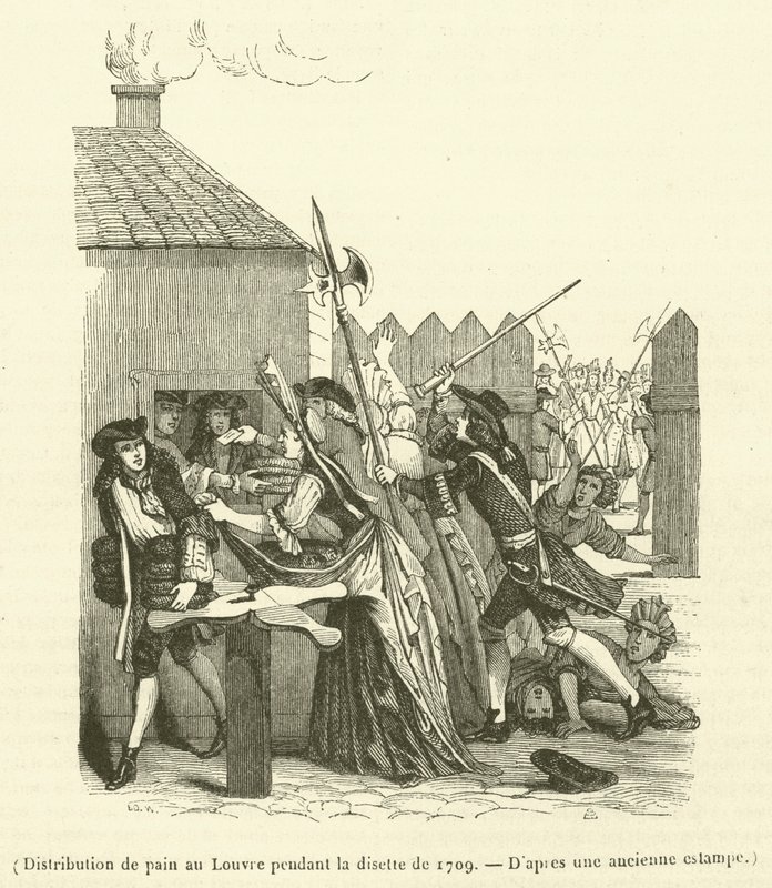 Kenyérosztás a Louvre-ban az 1709-es élelmiszerhiány idején (metszet) alkotó: French School