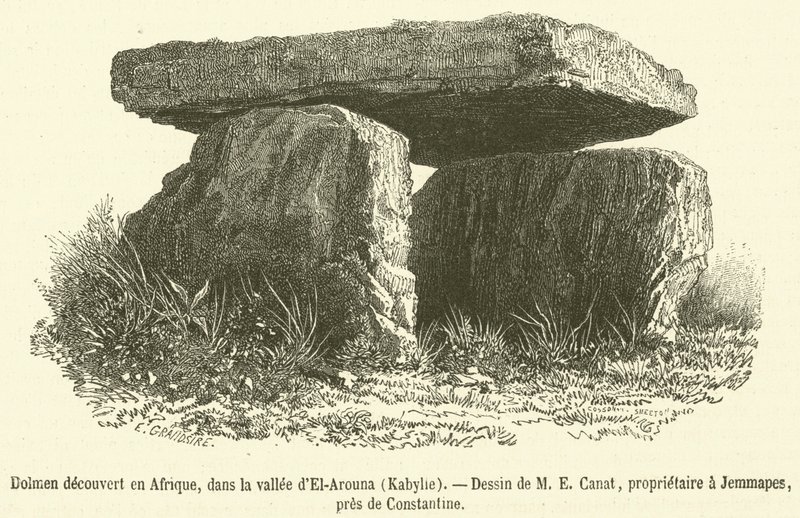 Dolmen felfedezett Afrikában, az El-Arouna völgyében, Kabylie (metszet) alkotó: French School
