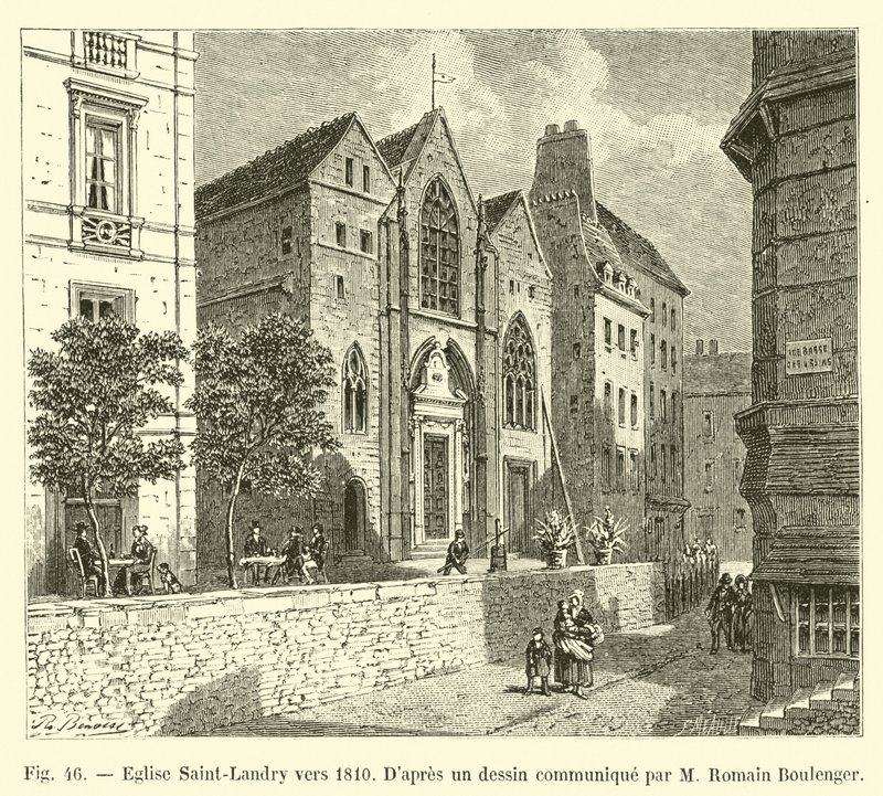 Saint-Landry templom 1810 körül, M Romain Boulenger által közölt rajz szerint alkotó: French School