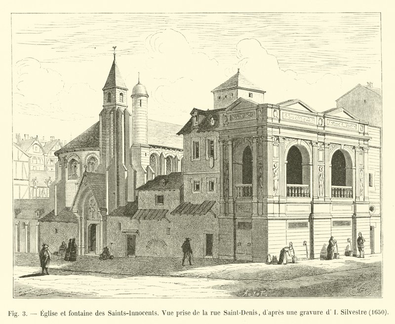 Ártatlanok temploma és szökőkútja, kilátás a rue Saint-Denisről, I. Silvestre metszete után, 1650 alkotó: French School